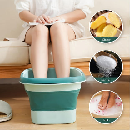 Large Collapsible Foot Soak Tub 15L 4 Gallon Foot Bath Basin Massage Acupoints Handles Foldable Multifunction Plastic Bucket Pedicure Bowl Home Spa Deep Soak Foot Relief Green