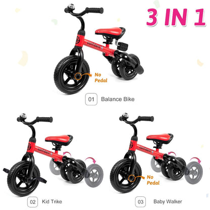3-in-1 Foldable Toddler Tricycle Balance Bike with Detachable Pedals Training Wheels for Boys Girls Ages 2-5 Indoor Outdoor Ride On Toy Birthday Christmas Gift Blue Pink