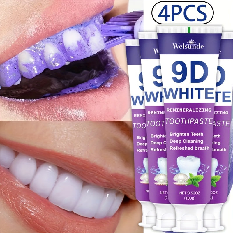 Remineralizing Toothpaste 4-Pack – 9D Purple Hypoallergenic Formula with Essential Oils, 400g Deep Cleaning Whitening Toothpaste for Sensitive Teeth, Gentle Gum Care & Fresh Breath, Daily Home & Travel Oral Hygiene