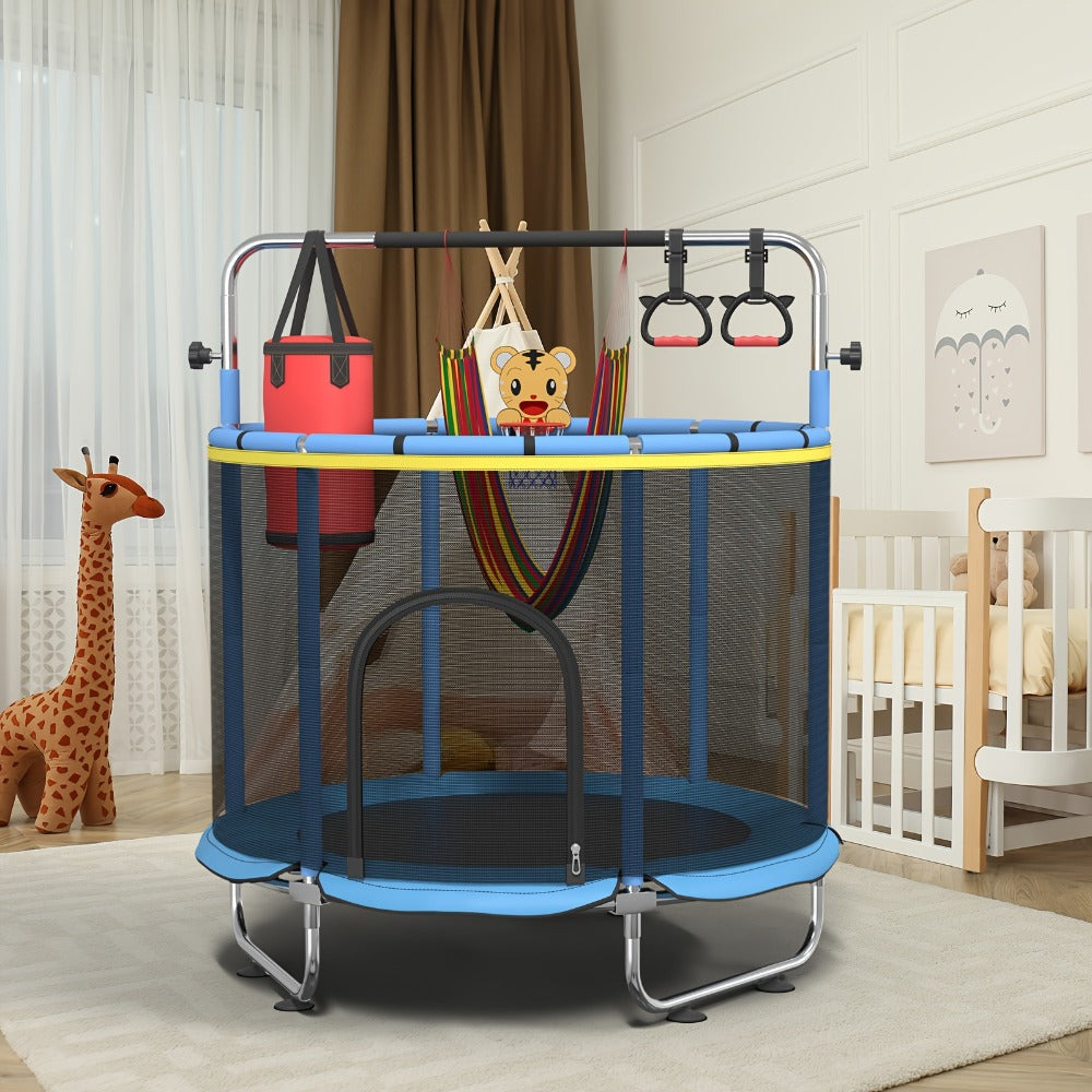 60 Inch Trampoline with Enclosure and Gymnastics Bar – 440 Lbs Capacity Height Adjustable Indoor Outdoor Round Trampoline with Toys for Kids | Best Birthday Gift for Boys and Girls