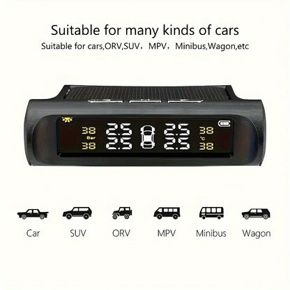 SCBLAZE Solar Power Car Tire Pressure Monitor TPMS, Auto Security Alarm System, 6 Modes Auto Alarm Real-Time Pressure Tracking, Host Only Receives, Tyre Pressure Sensor Kit
