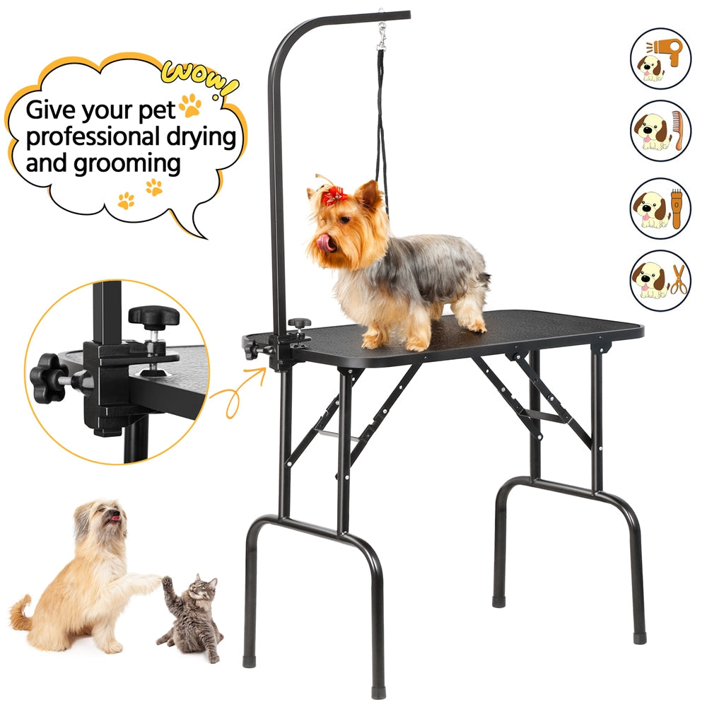 Pet Grooming Table Foldable with Height Adjustable Arm – Non-Slip Waterproof Surface, Folding Legs, Sturdy Metal Frame, Professional Dog Cat Beauty Trimming Table for Home & Salon