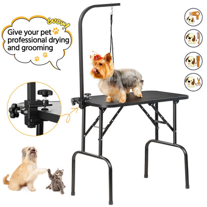 Pet Grooming Table Foldable with Height Adjustable Arm – Non-Slip Waterproof Surface, Folding Legs, Sturdy Metal Frame, Professional Dog Cat Beauty Trimming Table for Home & Salon