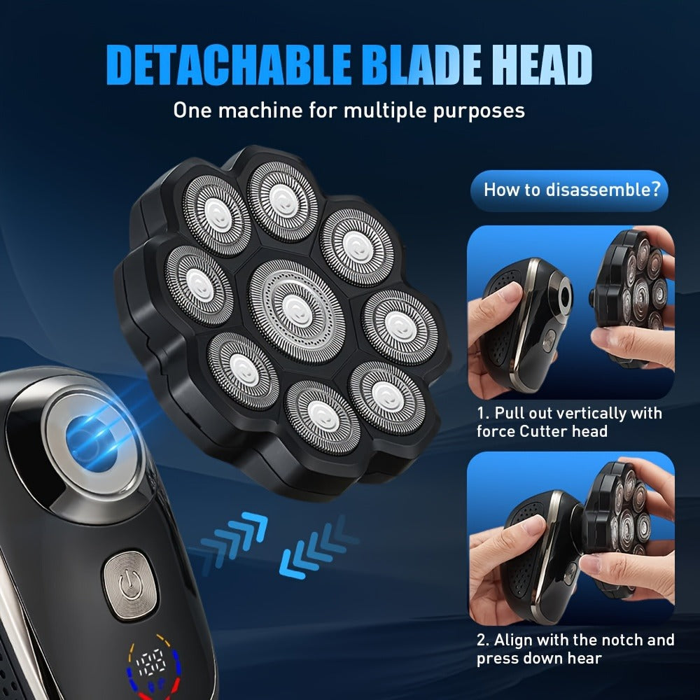 Bald Head Shaver for Men 5-in-1 Electric Razor Wet Dry with 7D 9D Floating Head Detachable Magnetic Blades Cordless Rechargeable Grooming Kit Gift for Dad Father