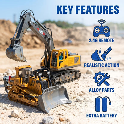 RC Construction Vehicle Set 2.4G 11-Channel Remote Control Excavator Dump Truck Bulldozer | 1:24 & 1:64 Alloy Engineering Toy | 2-in-1, 3-in-1, 4-in-1 Kit for Kids Adults