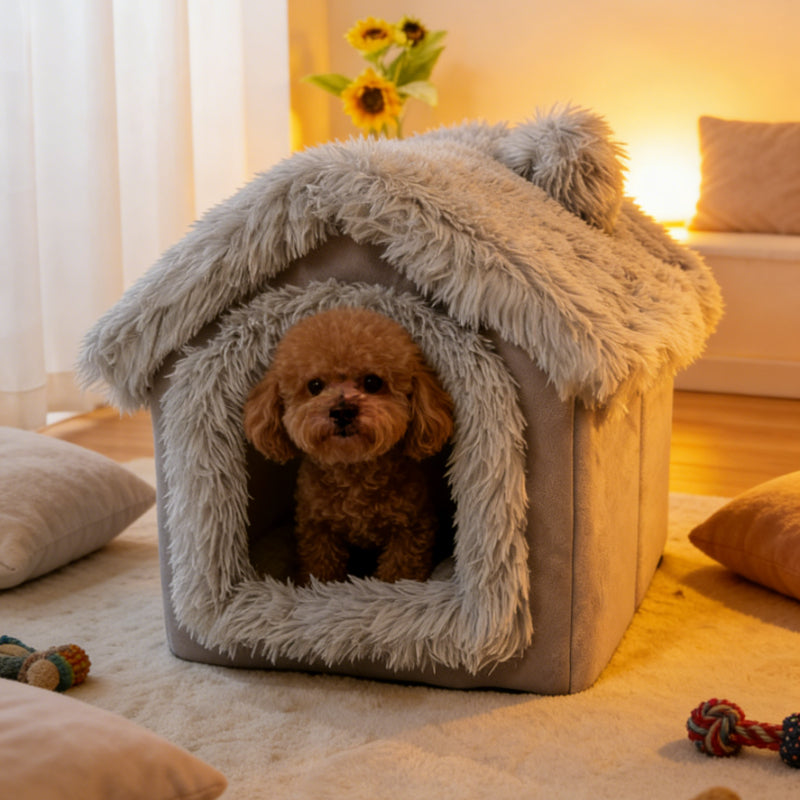 Indoor Dog House Warm Plush Semi-Enclosed – Cozy Cave Bed with Removable Pad & High-Resilience PP Filling | Non-Collapse Dog Kennel for Small Dogs, Available in Gray & Brown, Size L