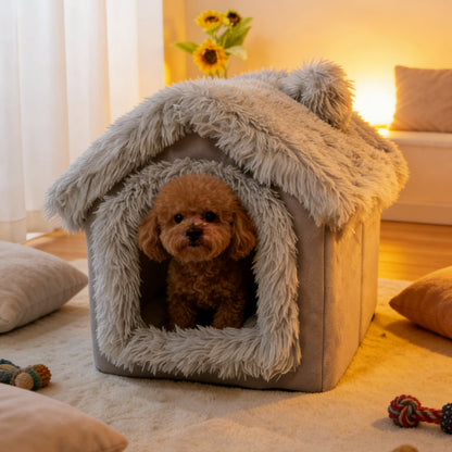 Indoor Dog House Warm Plush Semi-Enclosed – Cozy Cave Bed with Removable Pad & High-Resilience PP Filling | Non-Collapse Dog Kennel for Small Dogs, Available in Gray & Brown, Size L