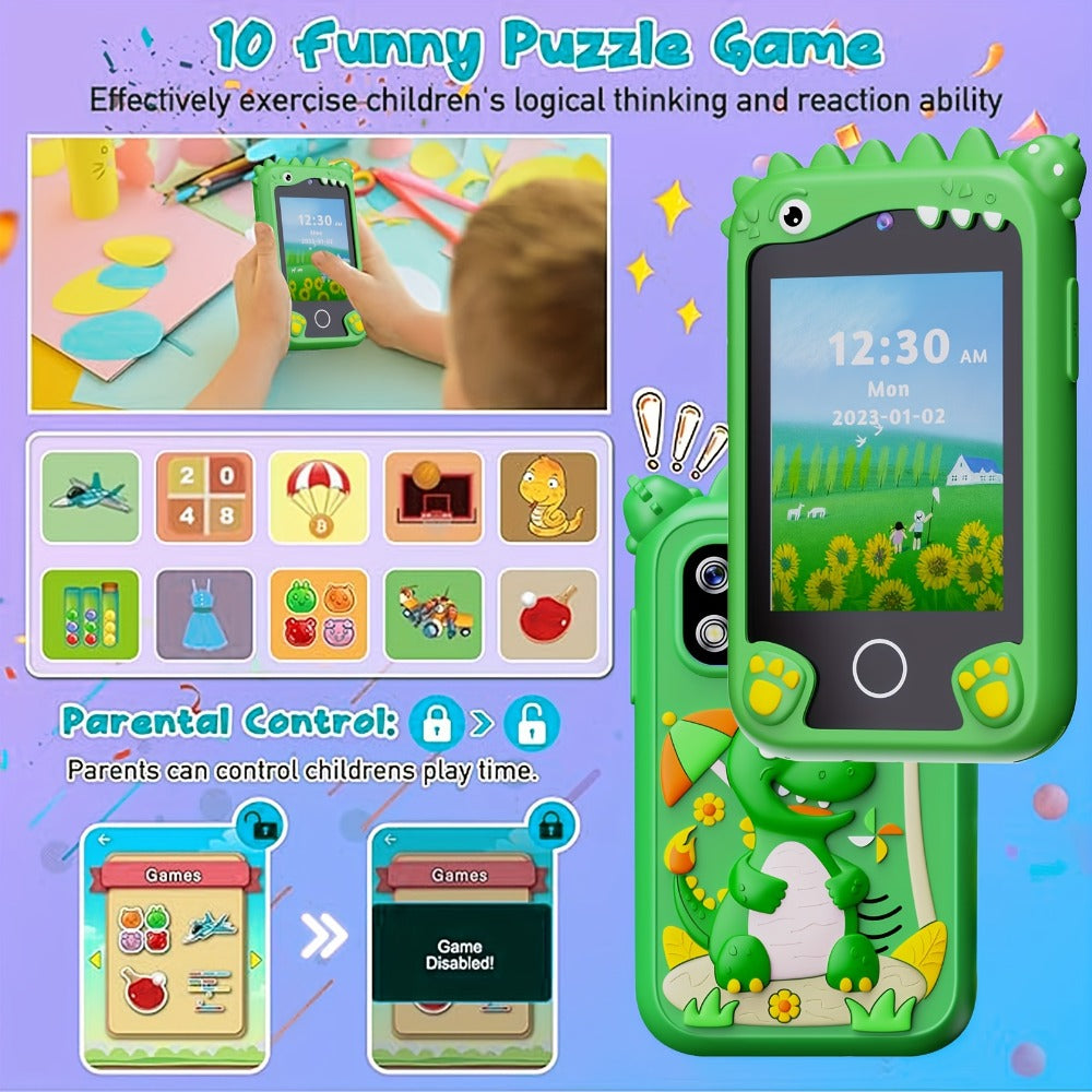 Kids Smart Phone Toy with Touchscreen HD Dual Camera & 8GB SD Card – Dinosaur Children's Cell Phone for Boys & Girls Ages 3+ Travel Toy Birthday Christmas Easter Gift Green Purple