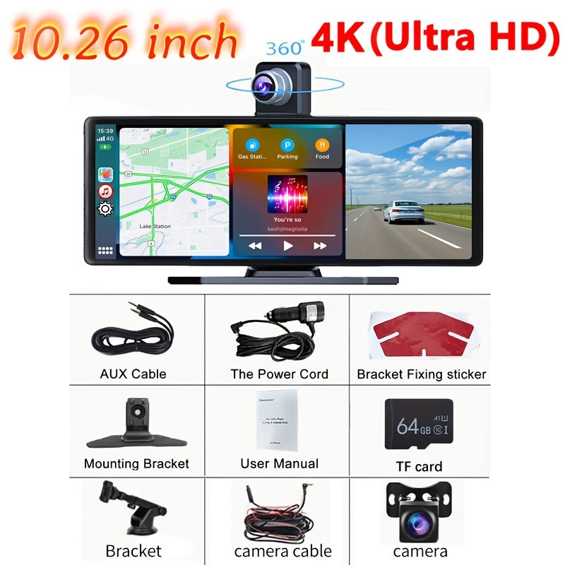 10.26 Inch 4K Ultra HD/7 Inch 1080P Portable Car Stereo with Wireless Carplay Screen, Carplay Radio Touchscreen, Car Video Players for Any Car, Without Battery
