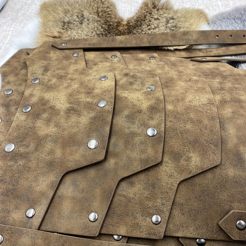Medieval Shoulder Armor Double Pauldron for Men & Women – Embossed PU Faux Leather Warrior Pauldrons for Halloween LARP Cosplay Renaissance Fair Theater, Khaki Dark Brown Black
