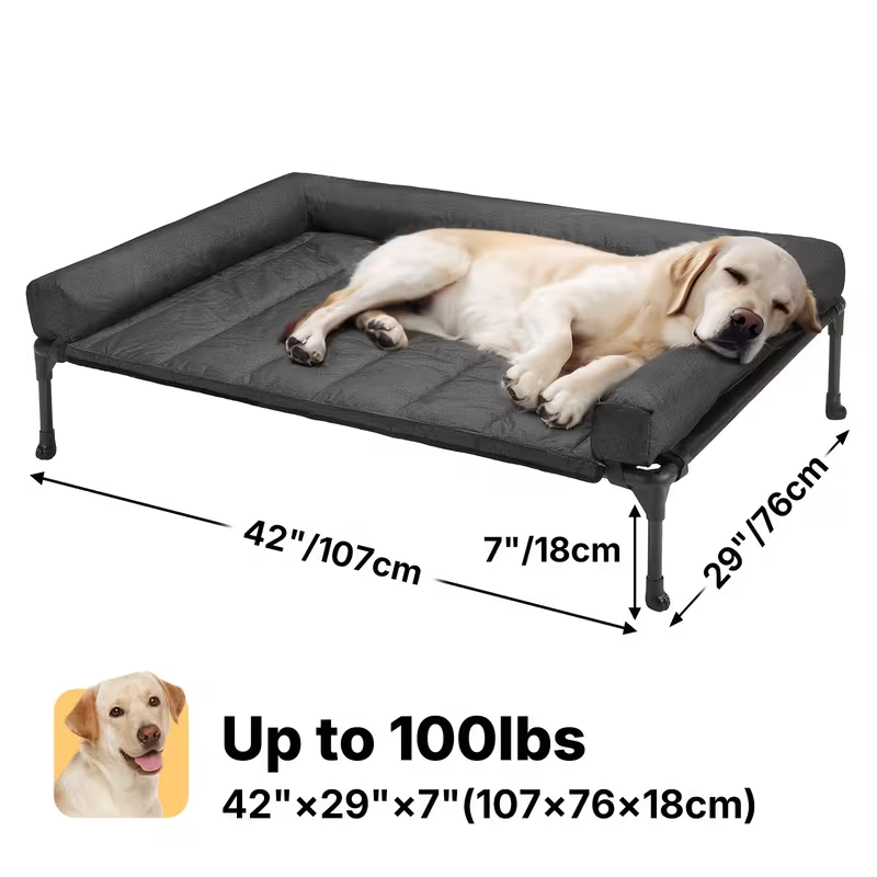 Elevated Dog Bed with Cooling Mesh & Removable Bolster Pillow Top Mat – Raised Dog Cot Bed, No-Slip Feet, Breathable Dog Sofa Bed for Indoor & Outdoor Use
