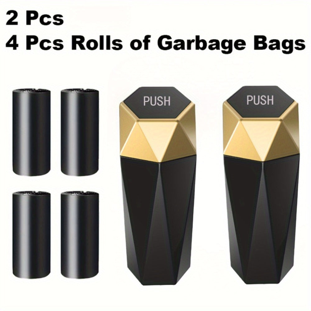 Car Trash Can with Trash Bags – Mini Diamond Design Car Bin Set, 2 Cans + 60 Bags (4 Rolls), One-Button Lid, Fits Cars Trucks SUVs – Car Interior Organizer