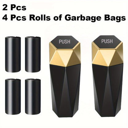 Car Trash Can with Trash Bags – Mini Diamond Design Car Bin Set, 2 Cans + 60 Bags (4 Rolls), One-Button Lid, Fits Cars Trucks SUVs – Car Interior Organizer