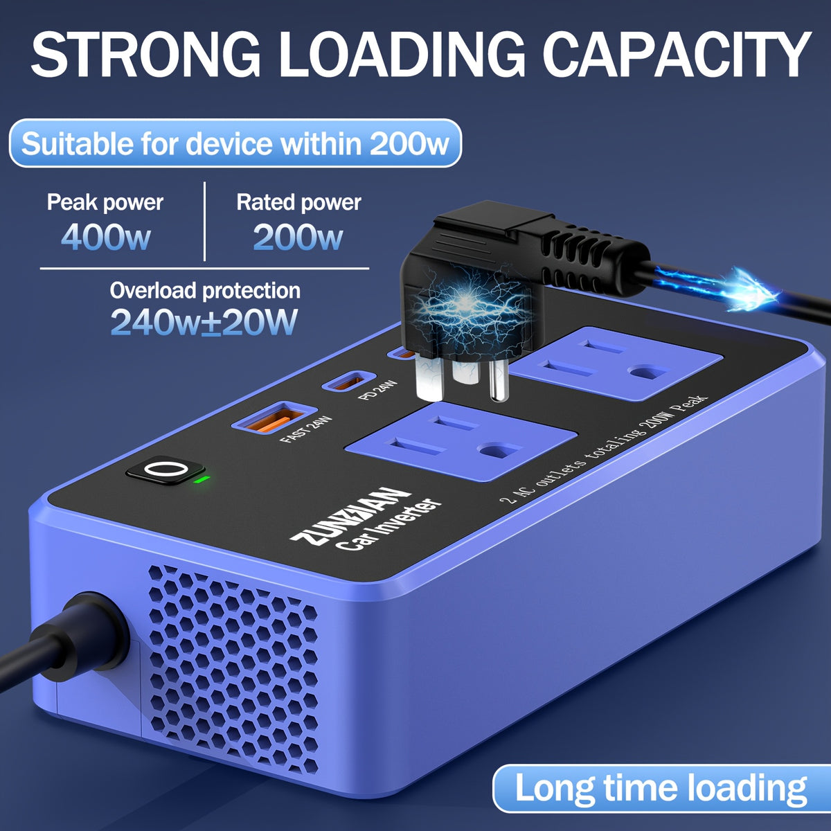 200W Car Power Inverter, ZunDian DC 12V to 110V AC Car Plug Adapter, Car Inverter Charger with PD 24W/ QC 24W Quick Charge, Power Inverter for Vehicles, Car Office Working, Camping, Road Trip