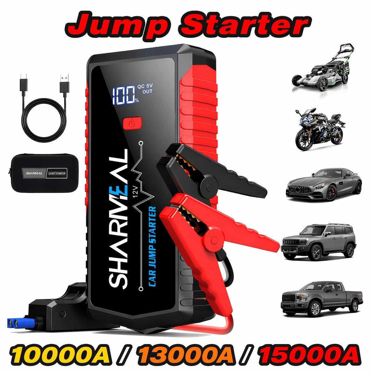 SHARMEAL 9-In-1 Portable Car Battery Jump Starter And Window Breaker Hammer with Built-In 3-Mode LED Flashlight And Heavy-Duty Jumper Cables, Ideal for Cars, Suvs, Trucks, Rvs
