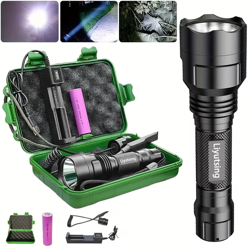 Night Hunting Flashlight with Remote Control Switch – 350 Yards High Power Green Red White Light, 18650 Rechargeable, Multiple Mounts for Hunting, Fishing, Camping & Beekeeping, Best Gift for Men