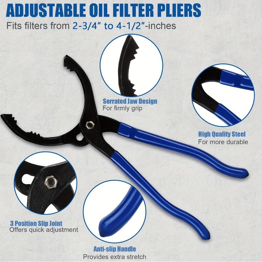 Oil Filter Wrench Set 7 Pcs – Swivel Oil Filter Removal Tool 2-3/8" to 5-1/4" (60-133mm), 12" Adjustable Pliers with 1/2" to 3/8" Adapter & Storage Case for Car & Truck Oil Change