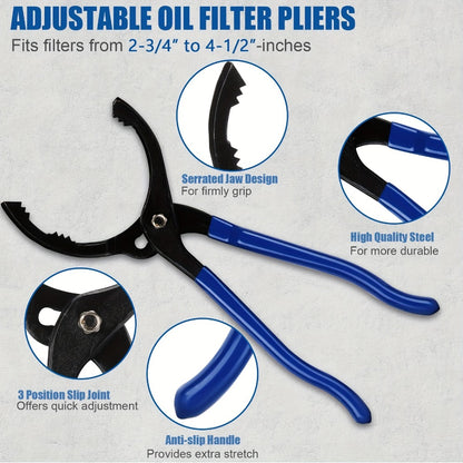 Oil Filter Wrench Set 7 Pcs – Swivel Oil Filter Removal Tool 2-3/8" to 5-1/4" (60-133mm), 12" Adjustable Pliers with 1/2" to 3/8" Adapter & Storage Case for Car & Truck Oil Change