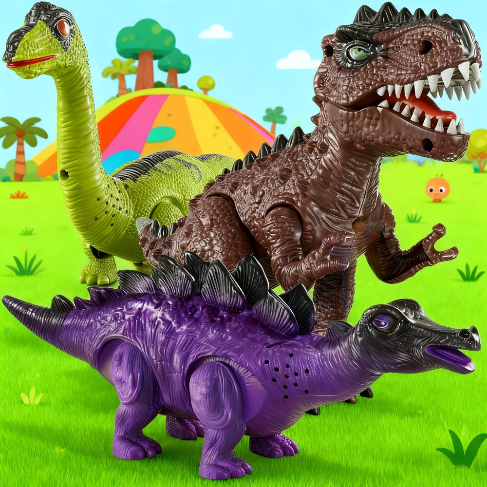 Electric Walking Dinosaur Toys Set of 3 with Sound, Light & Walking Functions – Interactive Moving Dino Toy Collection, Birthday Christmas Gift for Boys Girls Ages 3-7