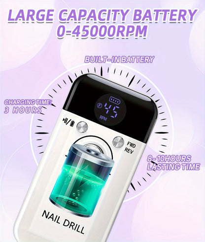 45000RPM Electric Nail Drill Machine Rechargeable Cordless with LCD Display Professional Nail File Drill for Acrylic Gel Nails Cuticle Removal Manicure Pedicure Polisher Home Salon Women Pink White