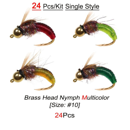 Trout Fly Fishing Flies Kit 24pcs - Brass Bead Head Caddis Nymph Lures Mixed Styles with Tackle Box, High Carbon Steel #10 Hooks for Bass Bluegill Trout Freshwater