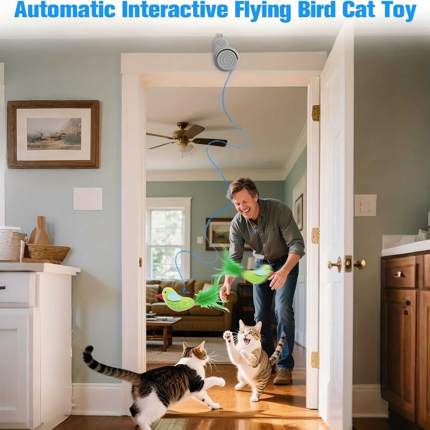 Interactive Cat Toy Electric Flying Bird Feather – Automatic Stick-On Hanging Toy for Indoor Cats & Kittens, Self-Play Enrichment Toy for Bored Cats, 3 Colors