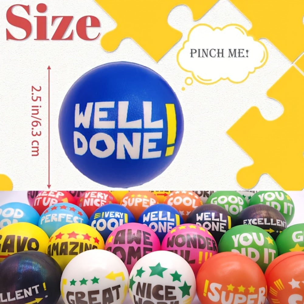 Motivational Squeeze Stress Balls 24 Pack Multicolor – Soft 2.48" Squishy Balls with Positive Affirmation Slogans for Classroom Prizes, Office Stress Relief, Team Building Rewards & Party Favors