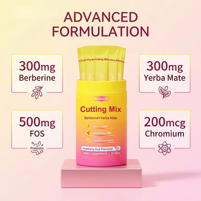 Berberine Supplement Sticks with Yerba Mate — Strawberry Acai Flavor Vegan Cutting Mix | Natural Metabolism Blood Sugar & Energy Support | Gluten-Free Dairy-Free | 30 Stick Packs Per Bottle
