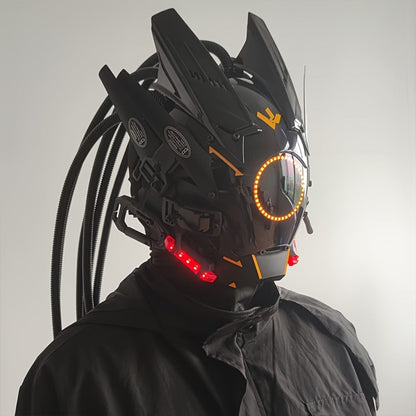 LED Cyberpunk Samurai Mask with Braids – Futuristic Sci-Fi Mechanical Face Mask for Halloween, Cosplay, Music Festival & Rave Party, Blue Green Pink, Free Helmet Included, Adult Gift