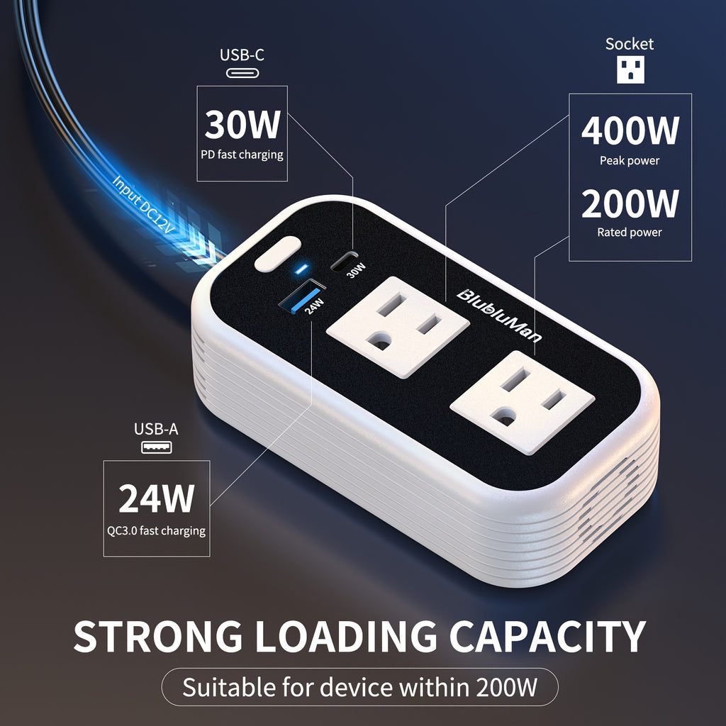 200W Car Power Inverter, Blubluman DC 12V To 110V AC Car Plug Adapter Outlet With 30W PD Charger, QC3.0 Fast Charger 24W, Power Inverter For Vehicles, Outlet For Laptop Computer Charger