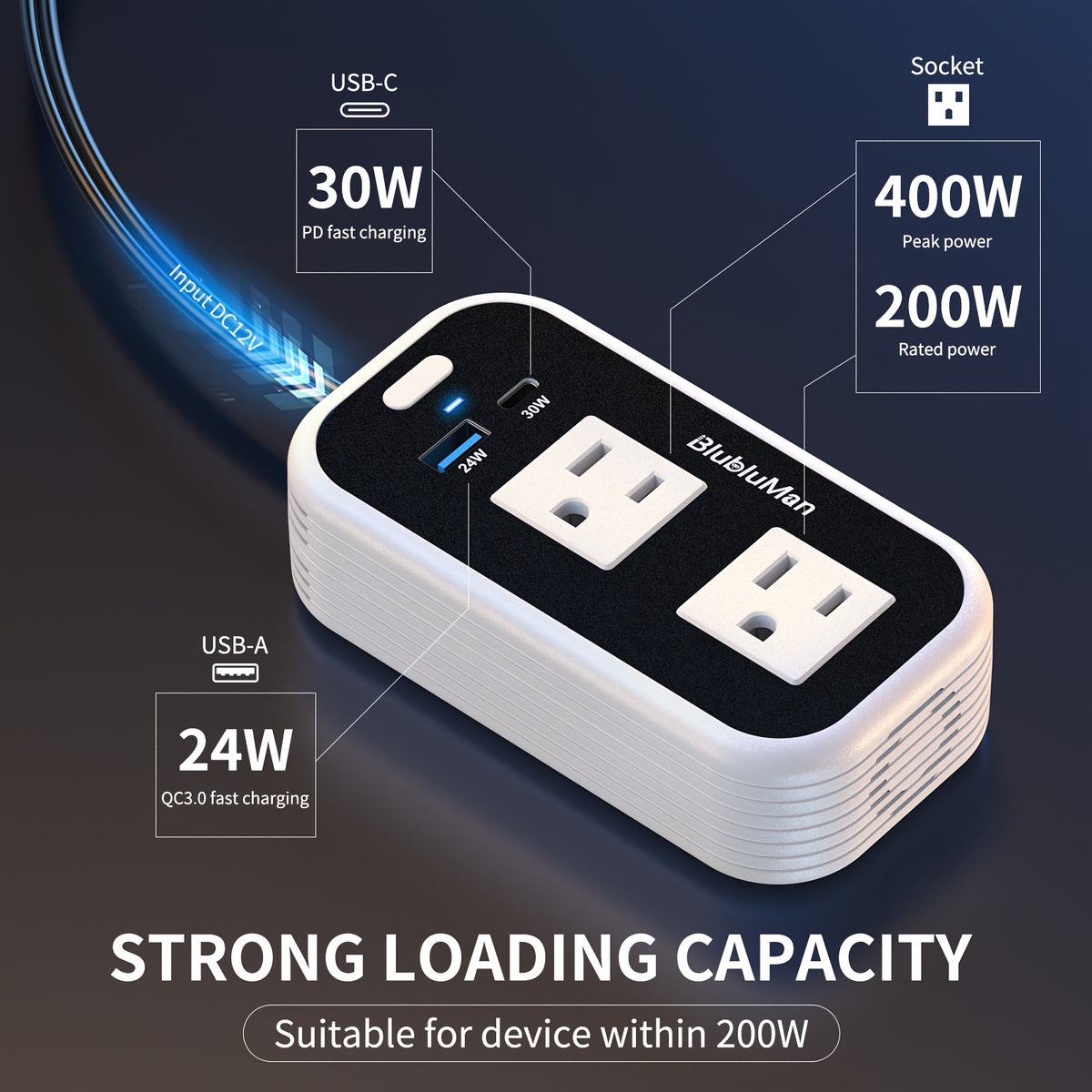 200W Car Power Inverter, Blubluman DC 12V To 110V AC Car Plug Adapter Outlet With 30W PD Charger, QC3.0 Fast Charger 24W, Power Inverter For Vehicles, Outlet For Laptop Computer Charger
