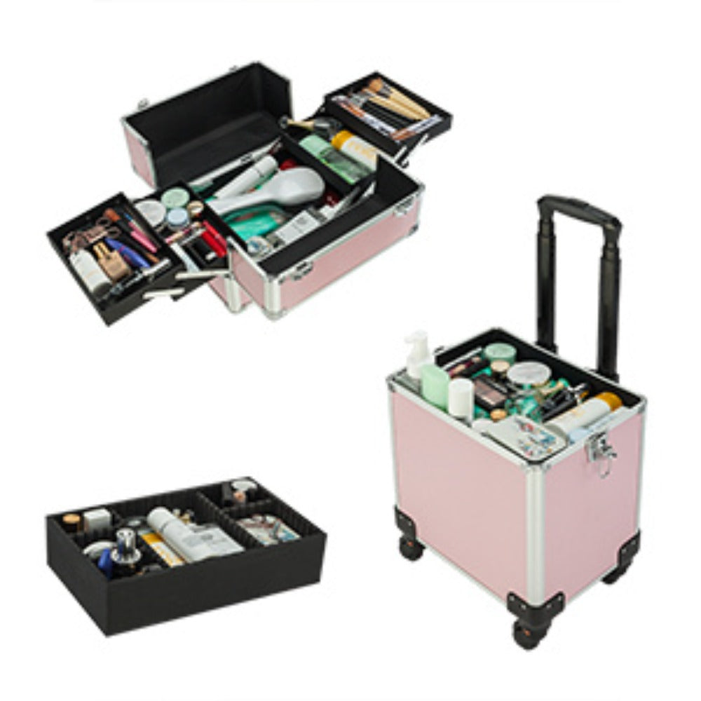 Makeup Train Case Rolling 4-in-1 Aluminum Lockable Trolley with 4 Removable Wheels Collapsible Trays DIY Compartments Telescopic Rod Cosmetic Organizer for Makeup Artists Salon Travel Black Pink Rhinestone
