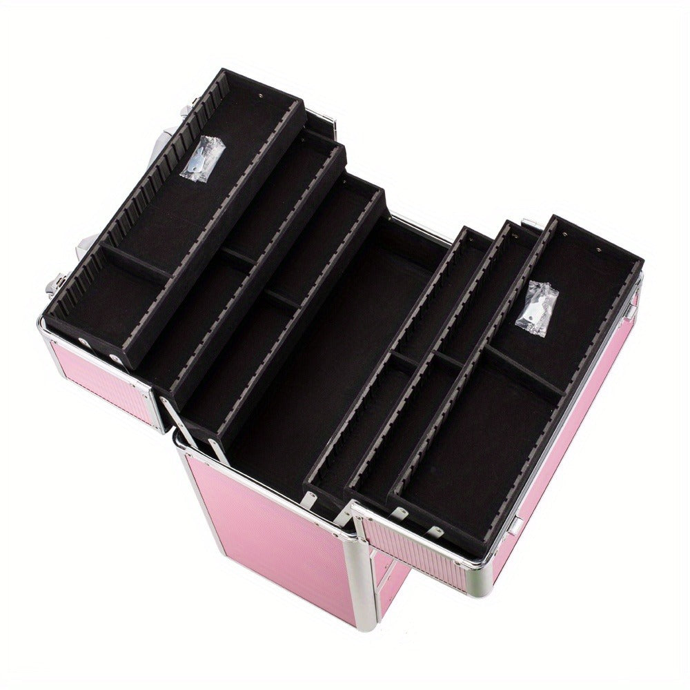 Makeup Train Case 4 Tier Lockable with Extendable Trays Large Capacity Cosmetic Organizer Box for Makeup Artists Salon Professional Beauty Storage Portable Travel Case Pink