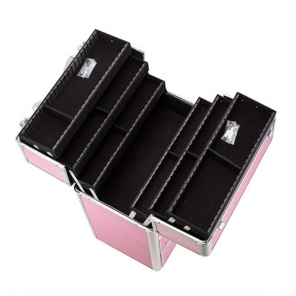 Makeup Train Case 4 Tier Lockable with Extendable Trays Large Capacity Cosmetic Organizer Box for Makeup Artists Salon Professional Beauty Storage Portable Travel Case Pink