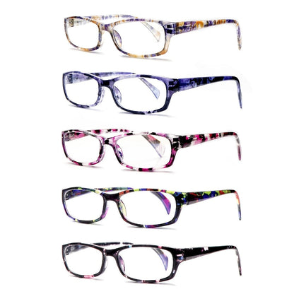 Reading Glasses 5 Pack for Women and Men Blue Light Blocking Readers Rectangular Spring Hinge Frame Anti Eyestrain Computer Reading Glasses Lightweight Fashionable Multi-Color Set Magnification 1.0 to 4.0