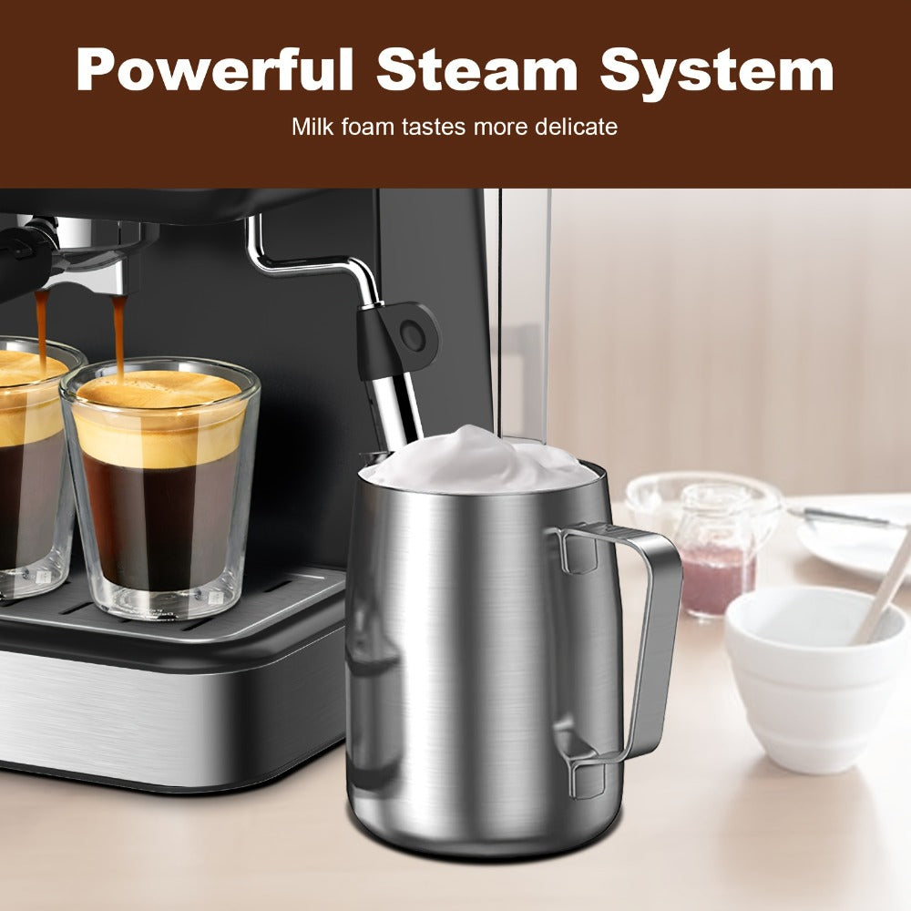 20 Bar Espresso Machine 950W – Stainless Steel Espresso & Cappuccino Latte Maker with Steam Wand Milk Frother, 49.03oz Water Tank, ESE Pod Filter, Home Barista Coffee Machine – Black, Pressure Gauge