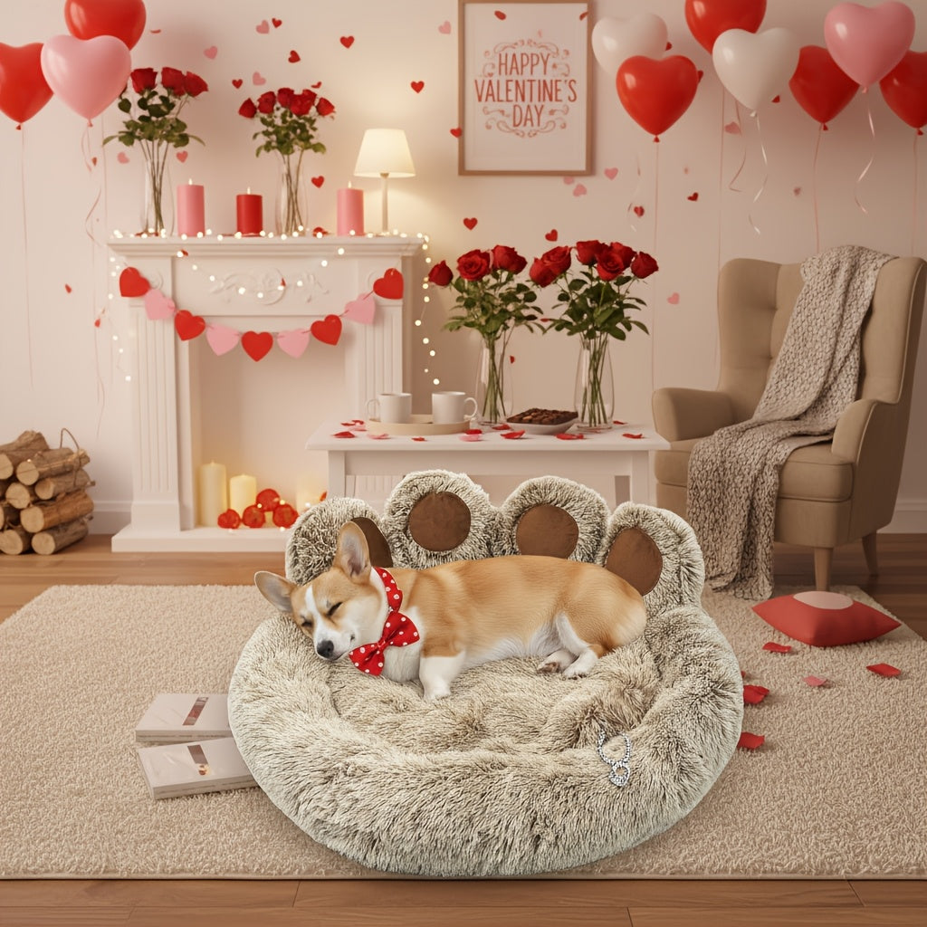 Dog Bed Cat Bed Bear Paw Shaped Donut – Calming Round Plush Pet Mattress, Warm & Soft Cuddler Bed for Dogs and Cats, Includes Pet Scarf, Sizes S to 2XL, Colors: Coffee, Pink, Grey, Brown