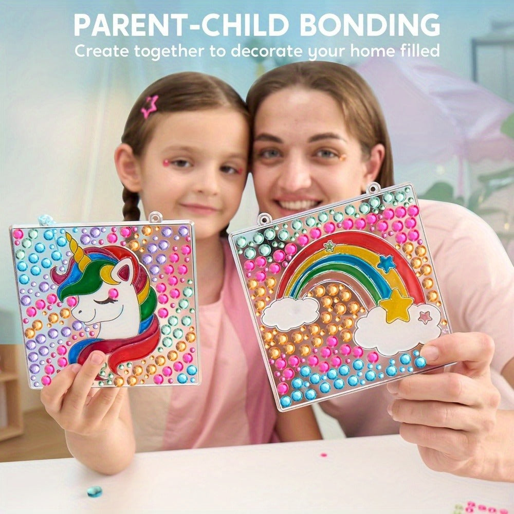 Suncatcher Painting Kit 4pcs for Kids – 2-in-1 Window Art with Gem Stickers & Paint Pens, Butterfly Unicorn Rainbow Sun Designs, Arts Crafts Activity for Girls Boys Ages 6+ Birthday Christmas Gift