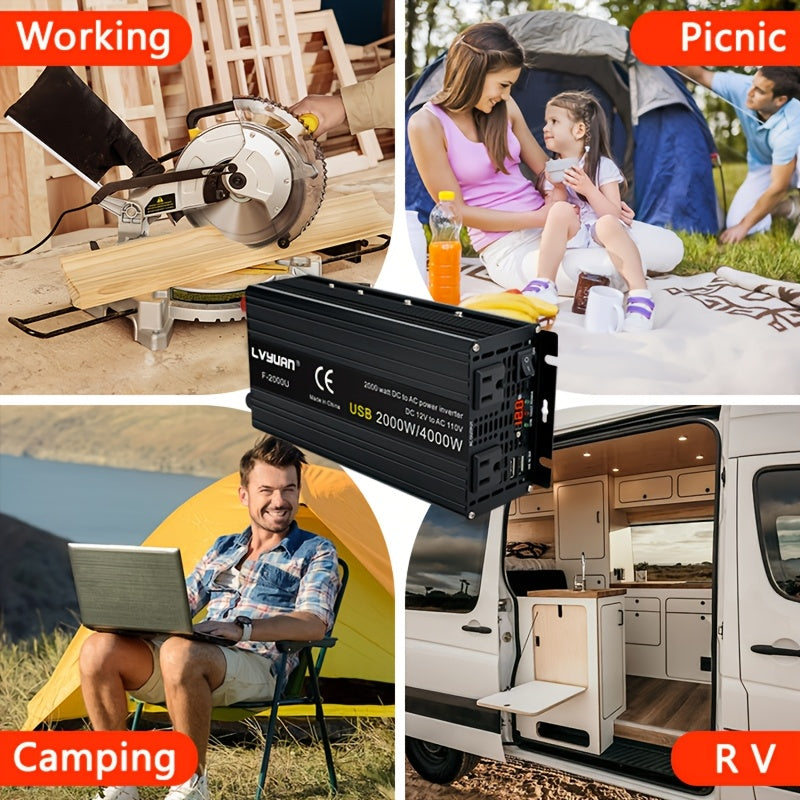 Lvyuan 2000W/4000W Peak/DC 12V to AC 110V/130V Car Power Inverter with LED, 2000W with 2 US Sockets 2 USB Ports for Auto, Vehicle, RV, Outdoor, Home