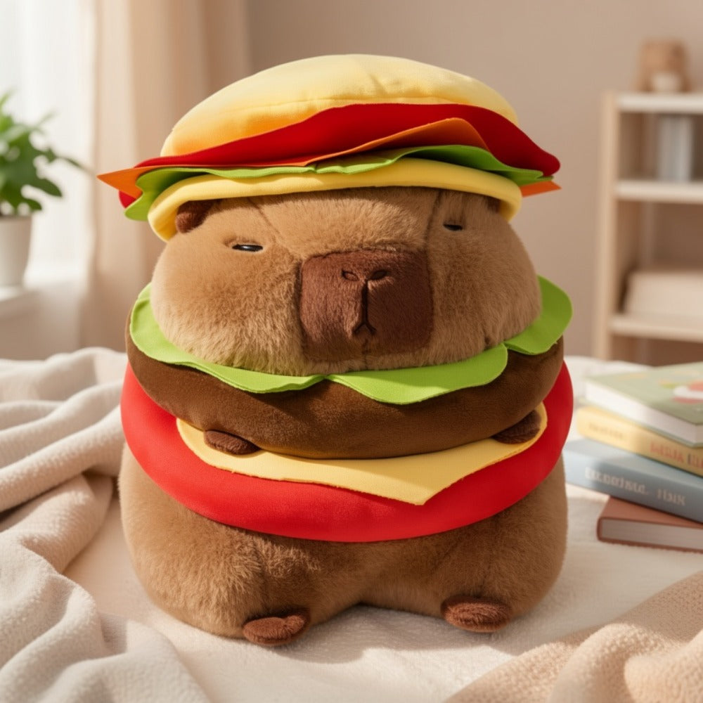 Capybara Plush Stuffed Animal Hamburger Burger Hat Funny Kawaii Soft Plush Toy Couch Pillow Doll Unique Meme Gift for Kids Teens Adults Birthday Christmas Holiday