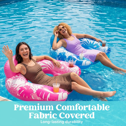 Inflatable Pool Chair 2-Pack for Adults – Leaf Print Blow Up Floating Chairs with Cup Holders & Water Balloons, Hammock Noodle Mat Float Set for Pool Beach Lake, Summer Party Gift (Blue & Pink)