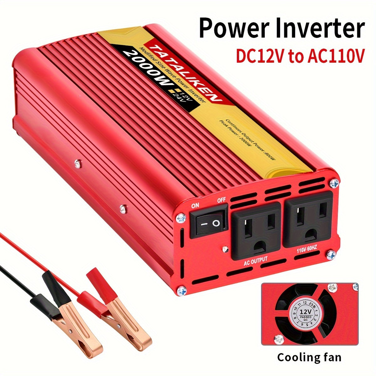 Portable Power Inverter 2000W (peak), DC 12V to AC 110V Converter, US Standard Socket, Built-in Cooling Fan And Overload Protection, Suitable for Road Trips, Vacations, Outdoor Activities And Emergency Use, Battery Not Included.