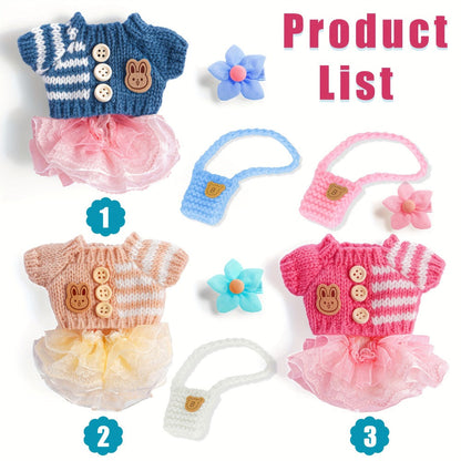 Labubu Doll Clothes 3 Sets Knit Tops Bubble Tulle Skirts Floral Hair Clips Bags for 17cm Plush Dolls Fashion Outfit Gift for Girls Kids Ages 3+ Birthday Christmas