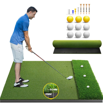 Golf Hitting Mat with Artificial Turf & Non-Slip EVA Base, Indoor Outdoor Golf Practice Mat Set with 9 Golf Balls 8 Tees & Rubber Tee, High-Elastic Chipping Driving Training Mat for All Skill Levels