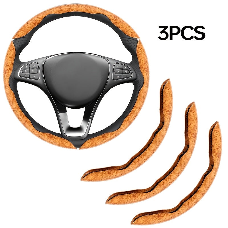 Carbon Fiber Steering Wheel Cover 3pcs – Anti-Skid Segmented Snap-On Protector, High-Grip ABS Resin, Universal Fit, Wood Grain Yellow, Sleek Automotive Interior Upgrade
