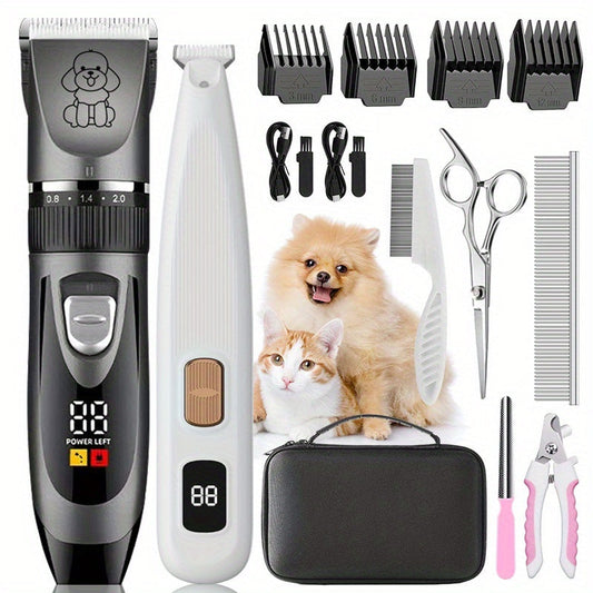 Pet Grooming Kit with Quiet Rechargeable Clippers - Cordless Electric Shaver & Complete Tool Set for Dogs and Cats, Low Noise Home Grooming with Digital Display Option
