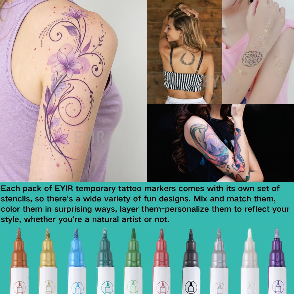 Double-Ended Tattoo Pen Set 10 Pcs with 114 Templates & Butterfly Stickers — Waterproof Sweat-Resistant DIY Temporary Body Art Kit for Parties, Festivals, Halloween & Gifts