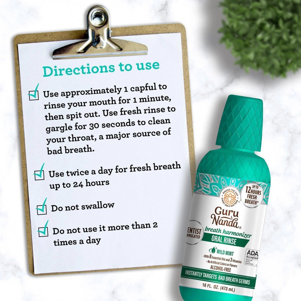 GuruNanda Alcohol Free Mouthwash 2 Pack 16 oz Each Fluoride Free Oral Rinse with 8 Essential Oils Sodium Chlorite Vitamins D3 E K2 ADA Accepted Wild Mint 24 Hour Fresh Breath for Adults