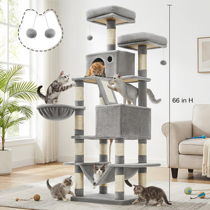 Cat Tree Tower Multi-Level Condo – 44in & 66in with Cozy Cave, Plush Hammock, 4 Sisal Scratching Posts & 2 Perches | Anti-Tilt Stable Cat Playhouse for Multi-Cat Families, Easy Assembly