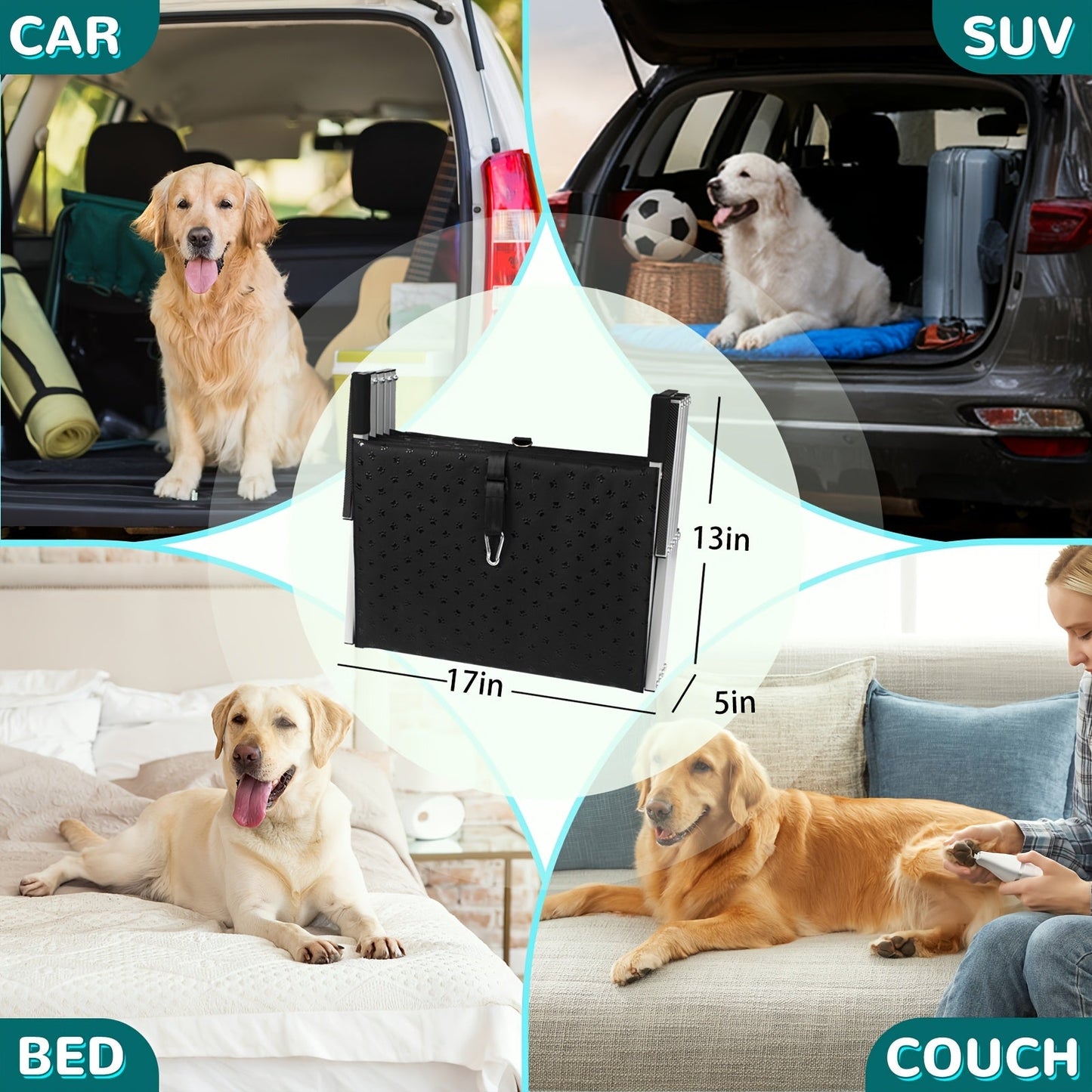 Dog Ramp for Cars Portable Folding Pet Stairs for SUV Trucks & Large Dogs - Non-Slip Surface Reinforced Steps Supports Up to 200 lb, 5-Step & 6-Step Lightweight Dog Car Ramp